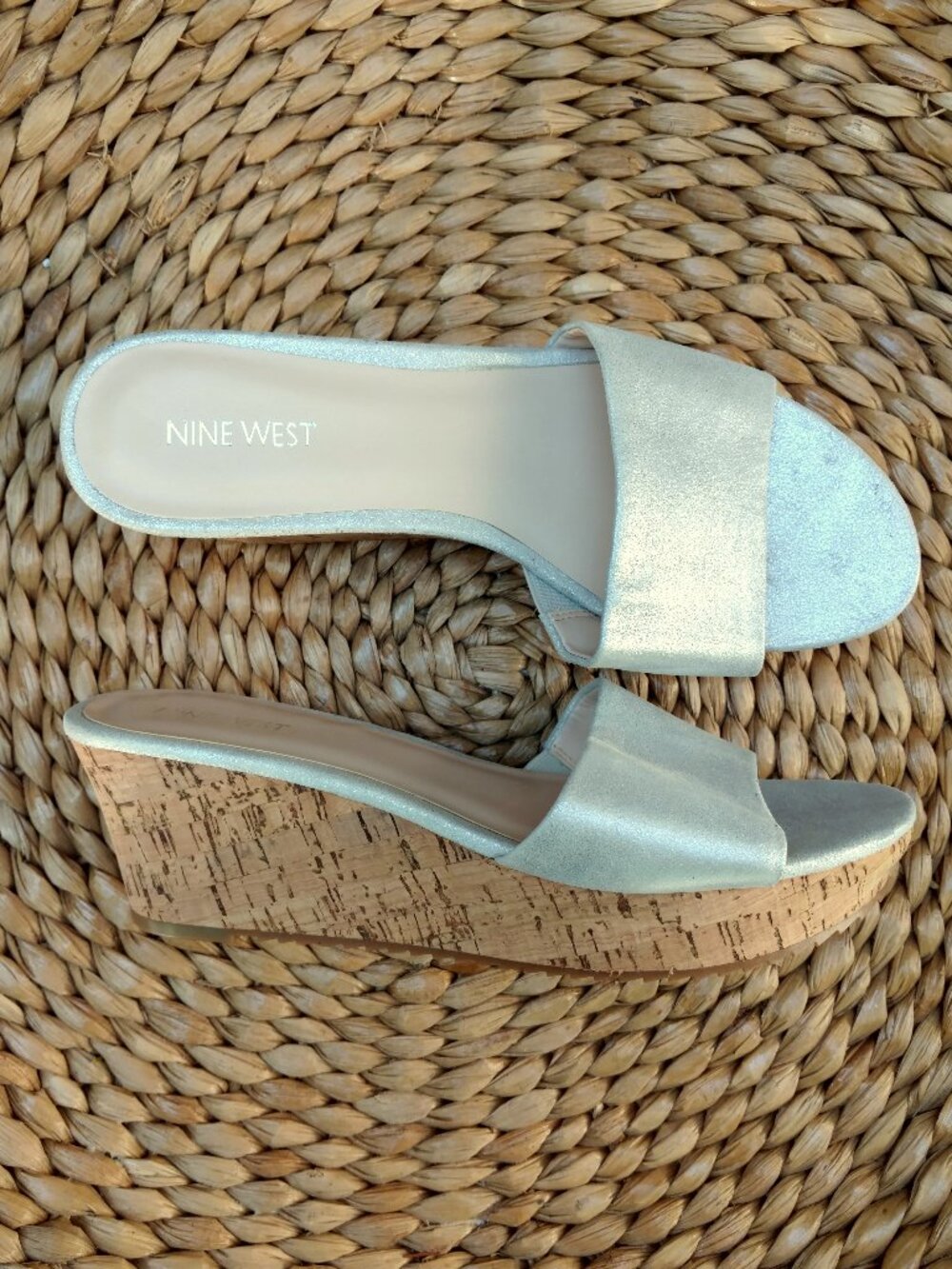Nine West silver cork wedge sandals NWOT